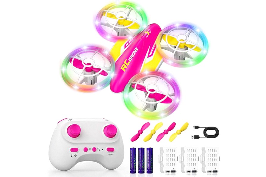 FUNPX LED RC Drone for Kids 6+, Christmas Birthday Gift for Boys & Girls with Remote Batteries, 360° Flip, High Speed Mode, 45 Min Flight Indoor and Outdoor Flying Toy - RoseRed Yellow product image